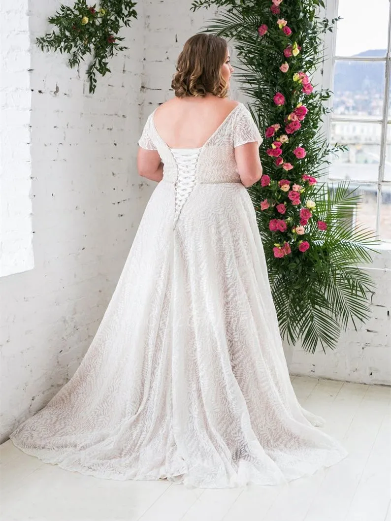 Robe De Mariée Grande Taille Elegante Dentelle Manches Courtes Col V