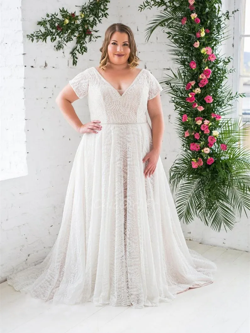 Robe De Mariée Grande Taille Elegante Dentelle Manches Courtes Col V