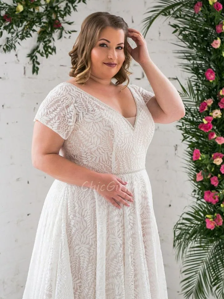 Robe De Mariée Grande Taille Elegante Dentelle Manches Courtes Col V