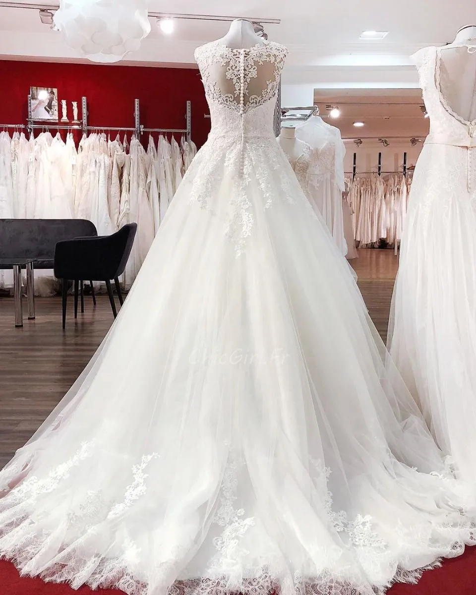 Robe De Mariée Princesse Tulle Dentelle Dos Transparent Avec Bouton Traine