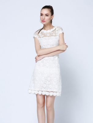 Robe Dentelle pour Femme Manches Courtes Blanche