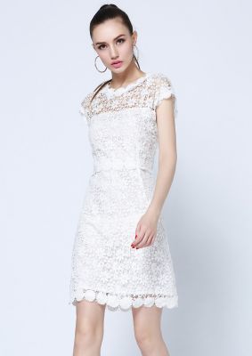 Robe Dentelle pour Femme Manches Courtes Blanche