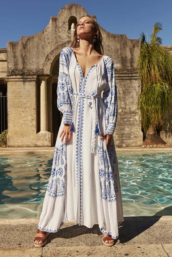 Robe Longue Bohème Bleue et Blanche - Célian