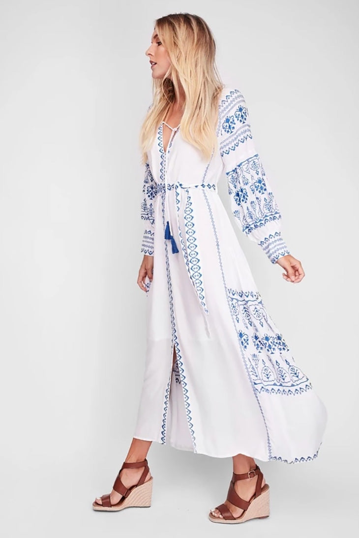 Robe Longue Bohème Bleue et Blanche - Célian