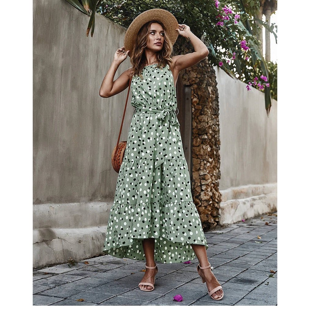 Robe Longue Bohème De Plage Pois Vert