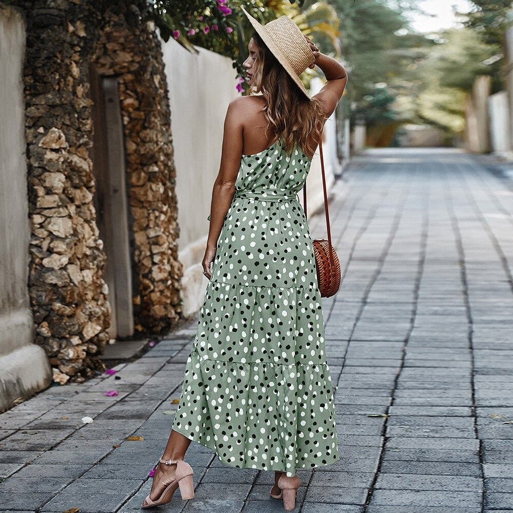 Robe Longue Bohème De Plage Pois Vert