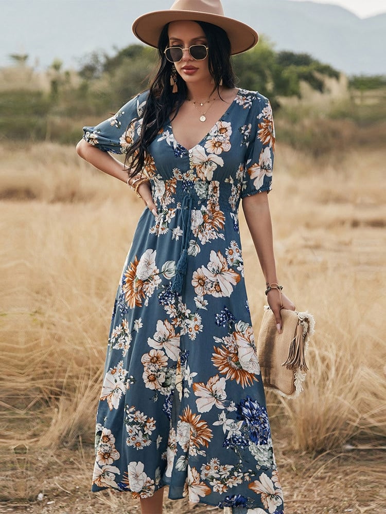 Robe longue champêtre à imprimé floral | Tendance Fleurie