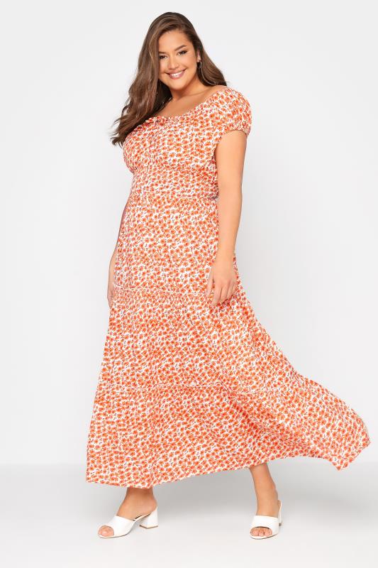 Robe Maxi Orange Floral Coupe Bardot