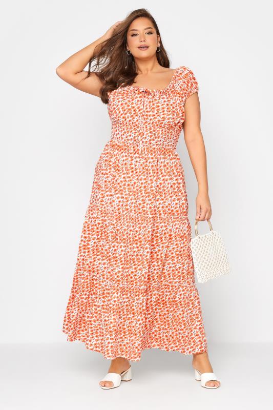 Robe Maxi Orange Floral Coupe Bardot