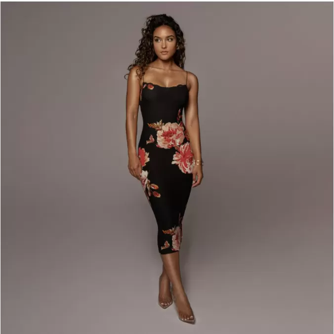 Robe Mi-Longue A Fleurs Moulante