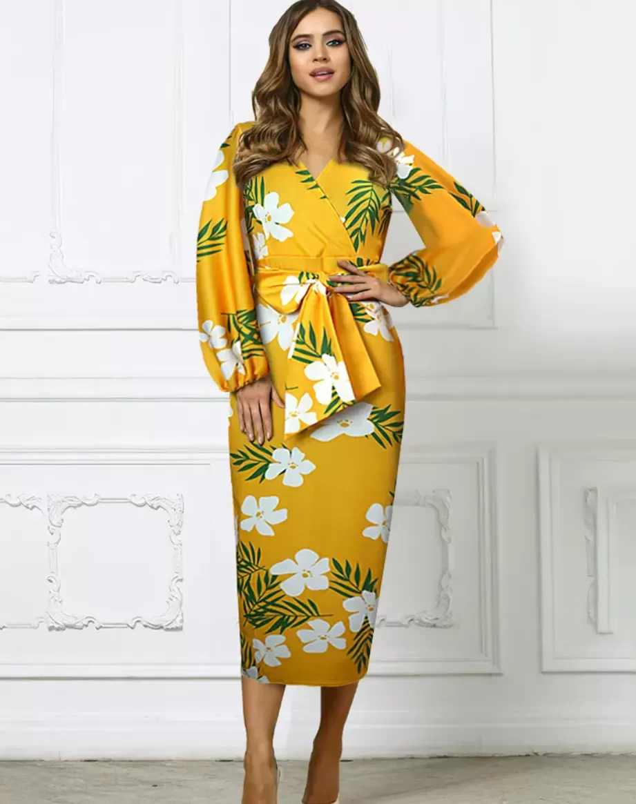 Robe Moulante Fleurie Jaune