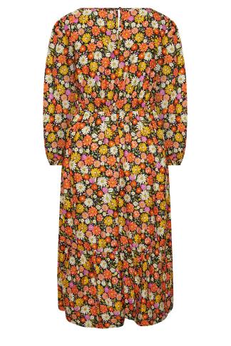 Robe Multi-Floral Orange Manches Ballons