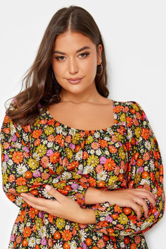 Robe Multi-Floral Orange Manches Ballons