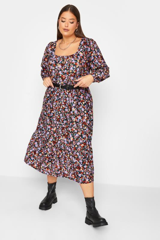 Robe Multi-Floral Violette Manches Ballons