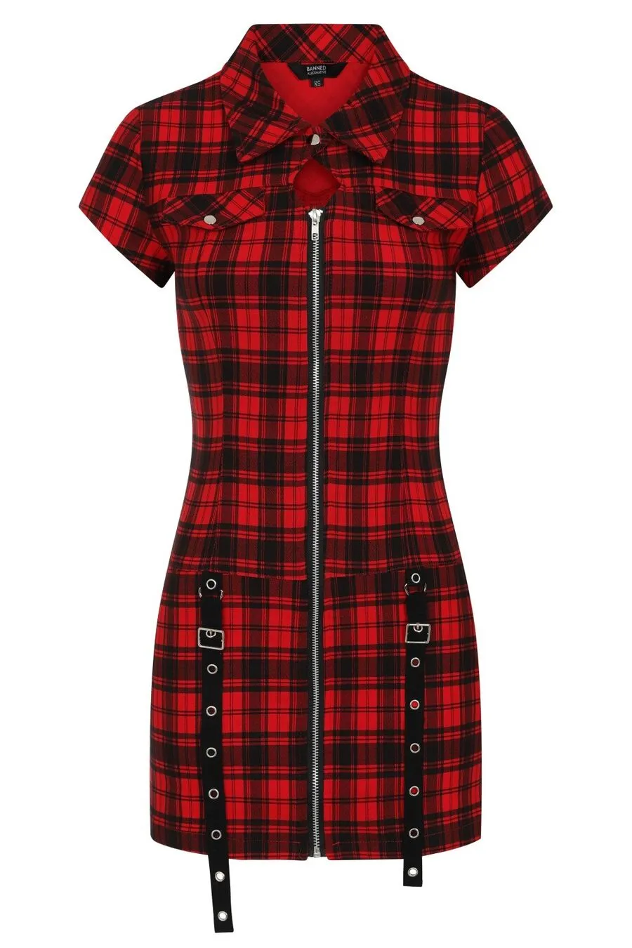 Robe punk rock BANNED en tissu tartan rouge et noir