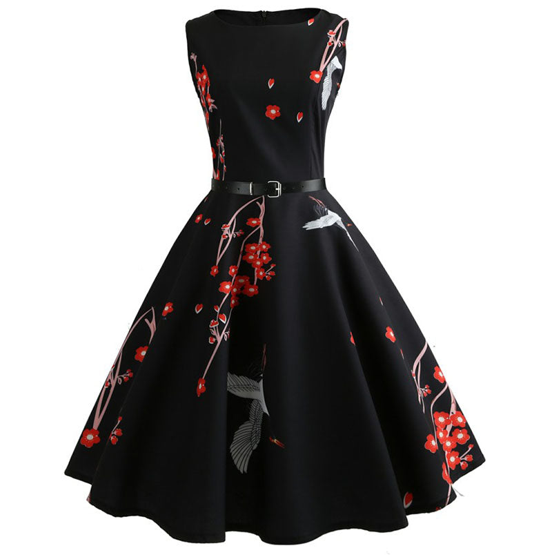 Robe vintage Noire à Fleurs Rouges 60's