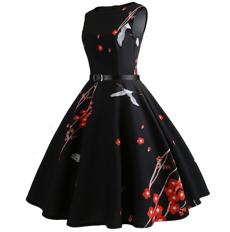 Robe vintage Noire à Fleurs Rouges 60's