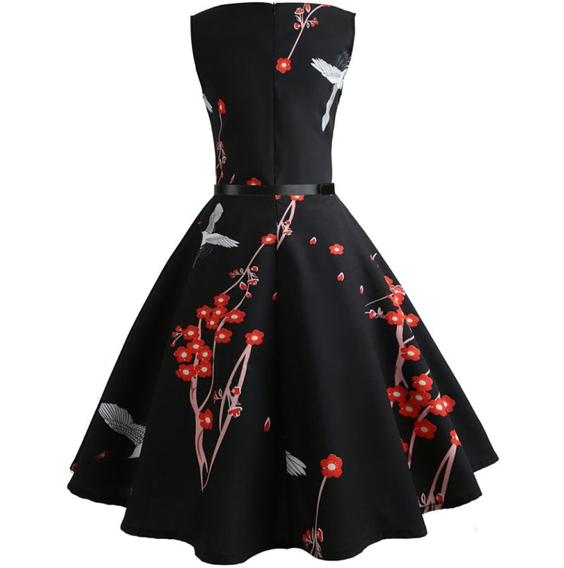 Robe vintage Noire à Fleurs Rouges 60's