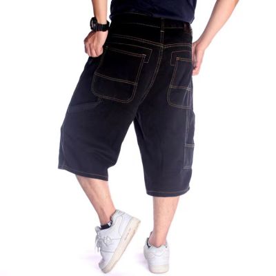  Short baggy en jeans noir pour homme avec coutures oranges