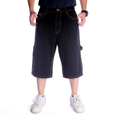  Short baggy en jeans noir pour homme avec coutures oranges