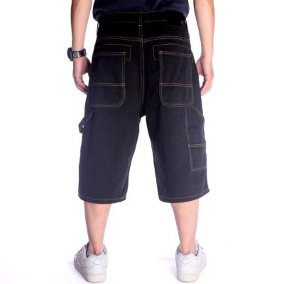  Short baggy en jeans noir pour homme avec coutures oranges