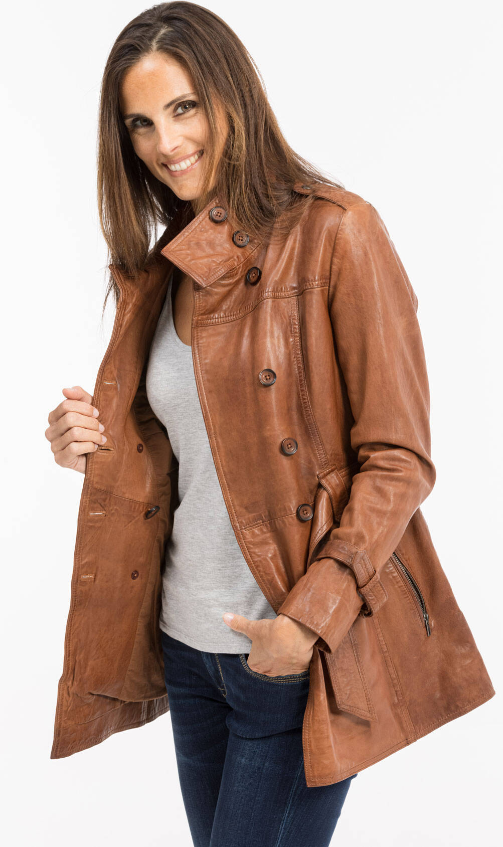 veste cuir femme cognac foncé