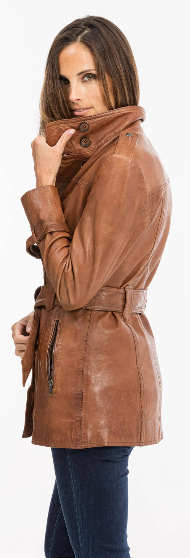 veste cuir femme cognac foncé