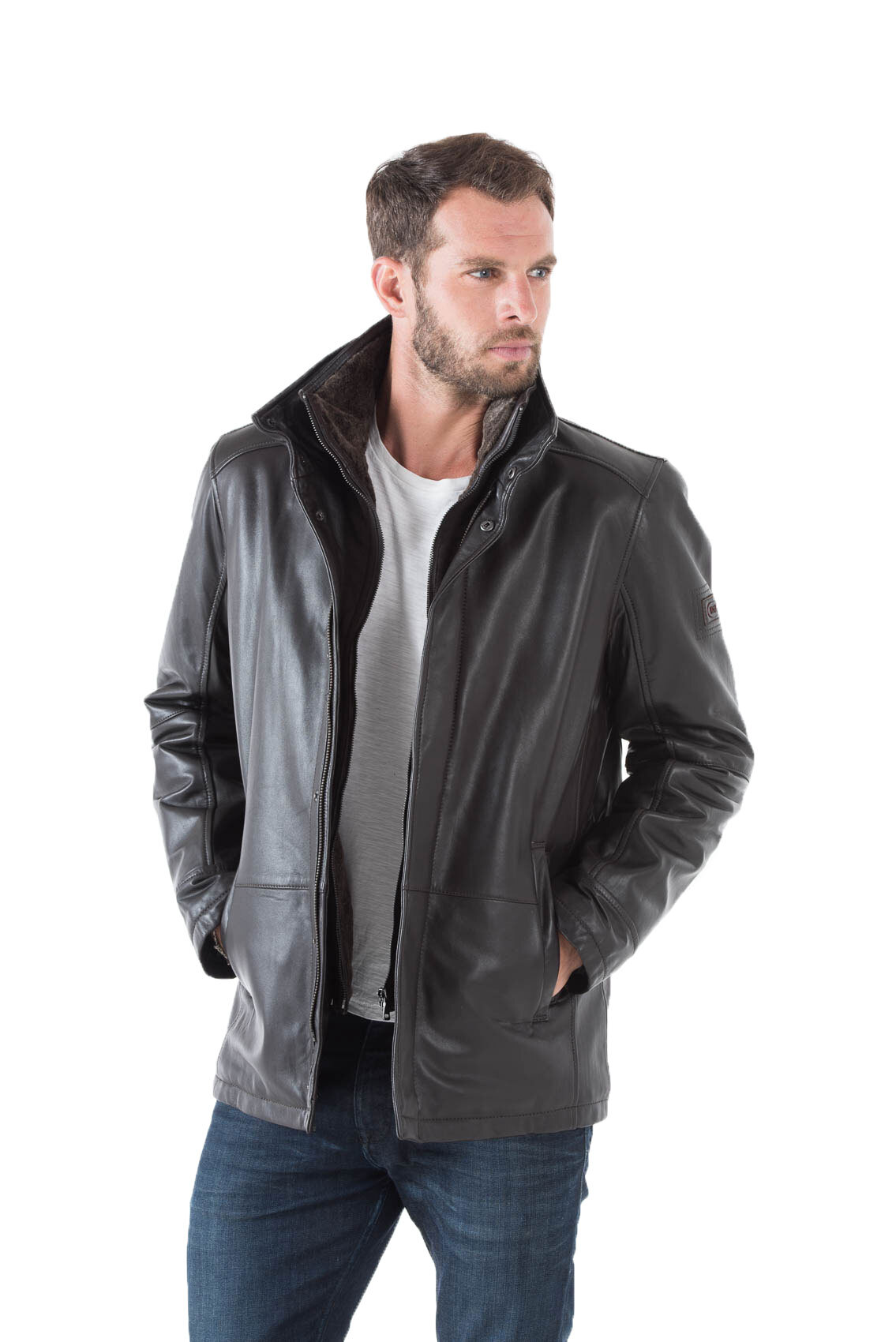 Veste cuir homme marron foncé