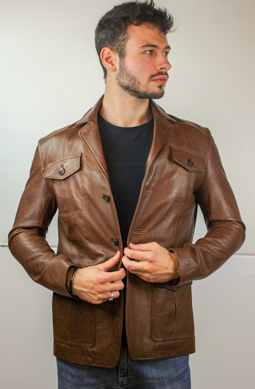 Veste demi-longueur en cuir marron clair pour homme