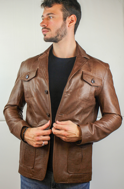 Veste demi-longueur en cuir marron clair pour homme