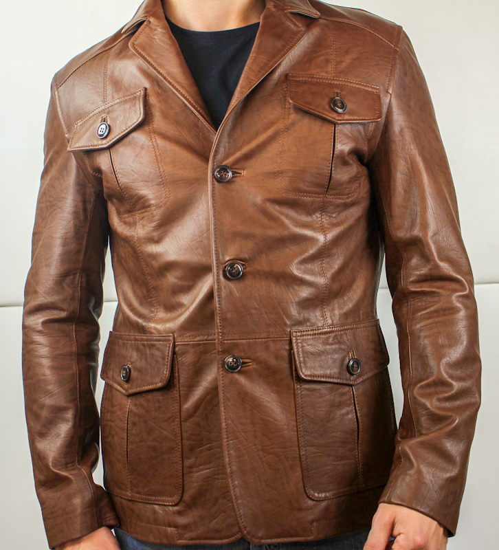 Veste demi-longueur en cuir marron clair pour homme