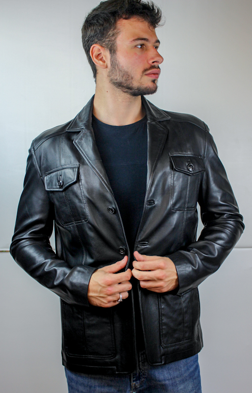 Veste demi-longueur en Cuir Noir - Pour Homme