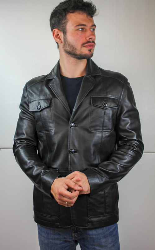 Veste demi-longueur en Cuir Noir - Pour Homme