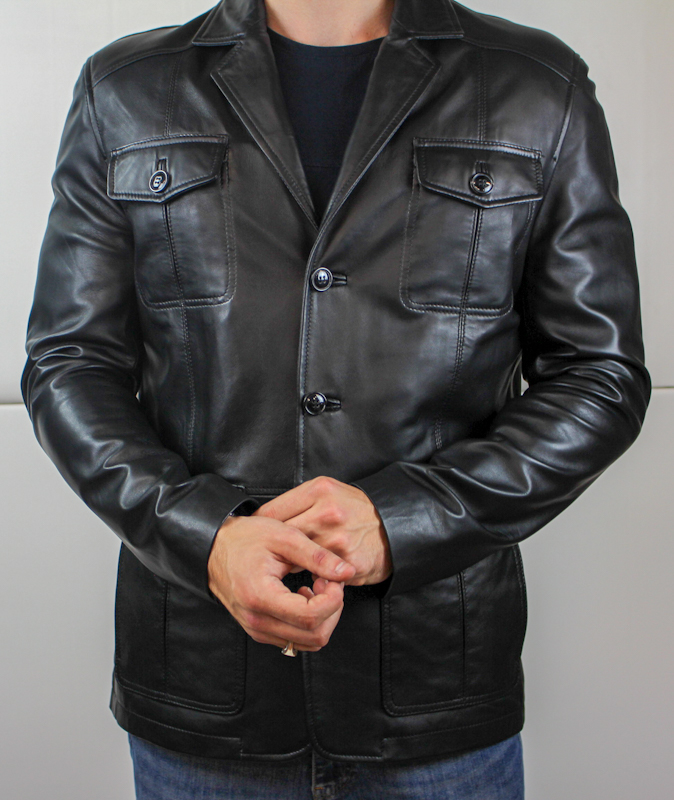 Veste demi-longueur en Cuir Noir - Pour Homme