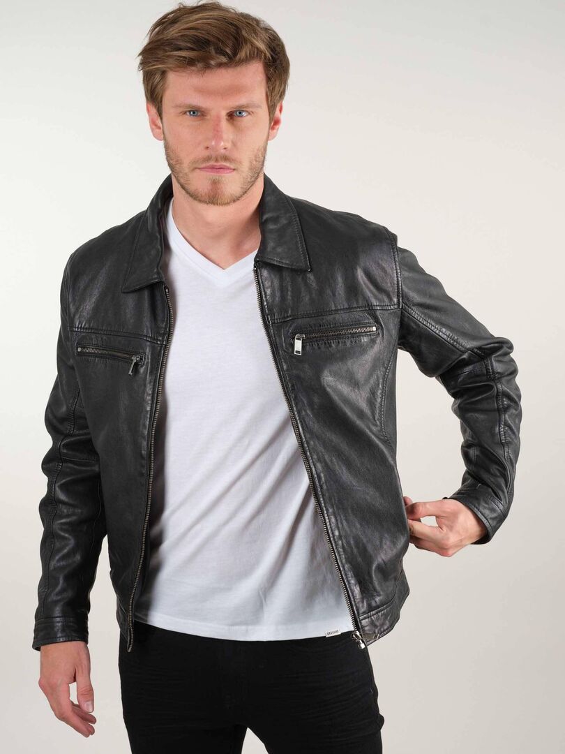 Veste en cuir style motard 'Deeluxe' - Noir