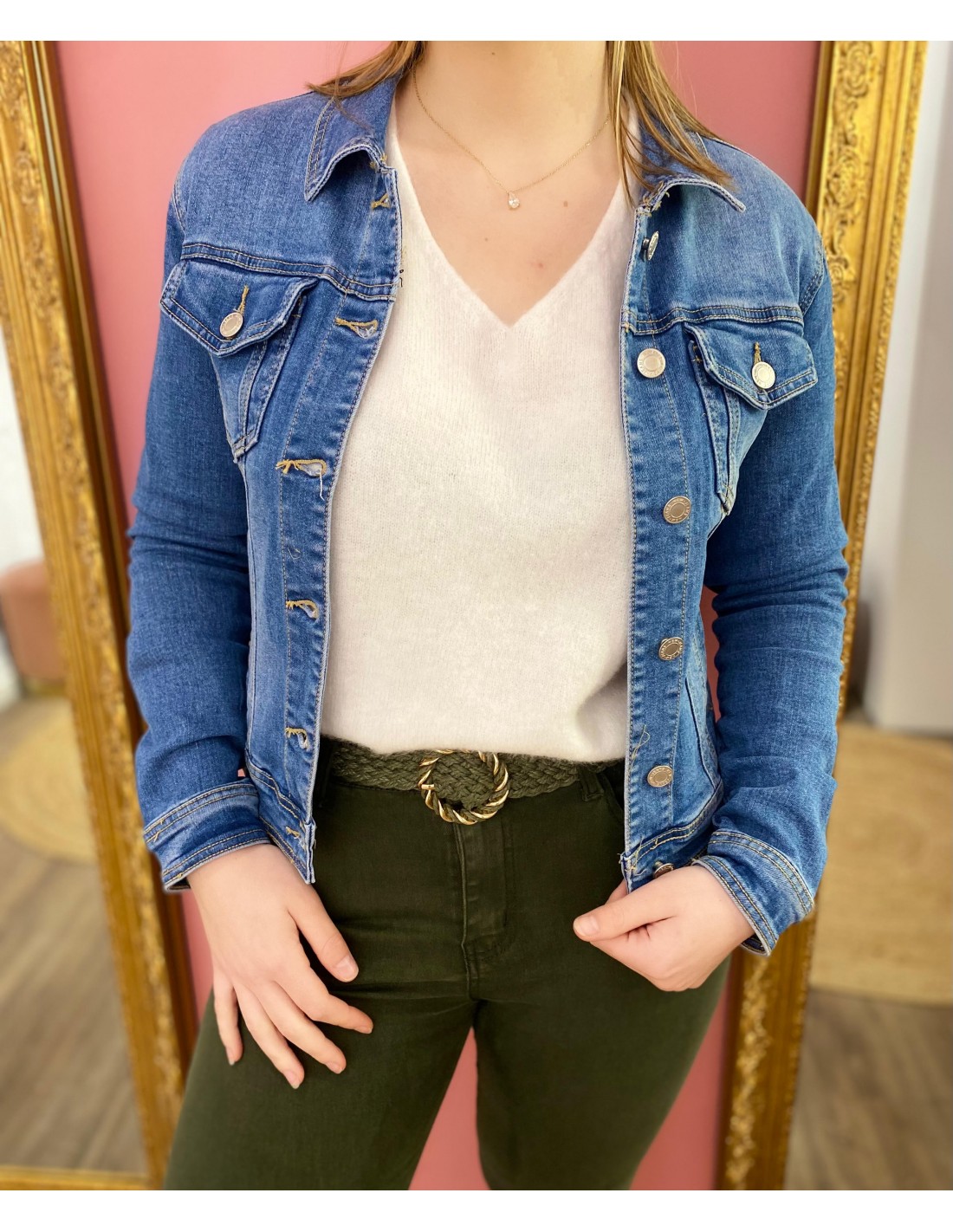 Veste en jean femme bleu clair effet délavé coupe cintrée stretch à poches du 34 AU 50