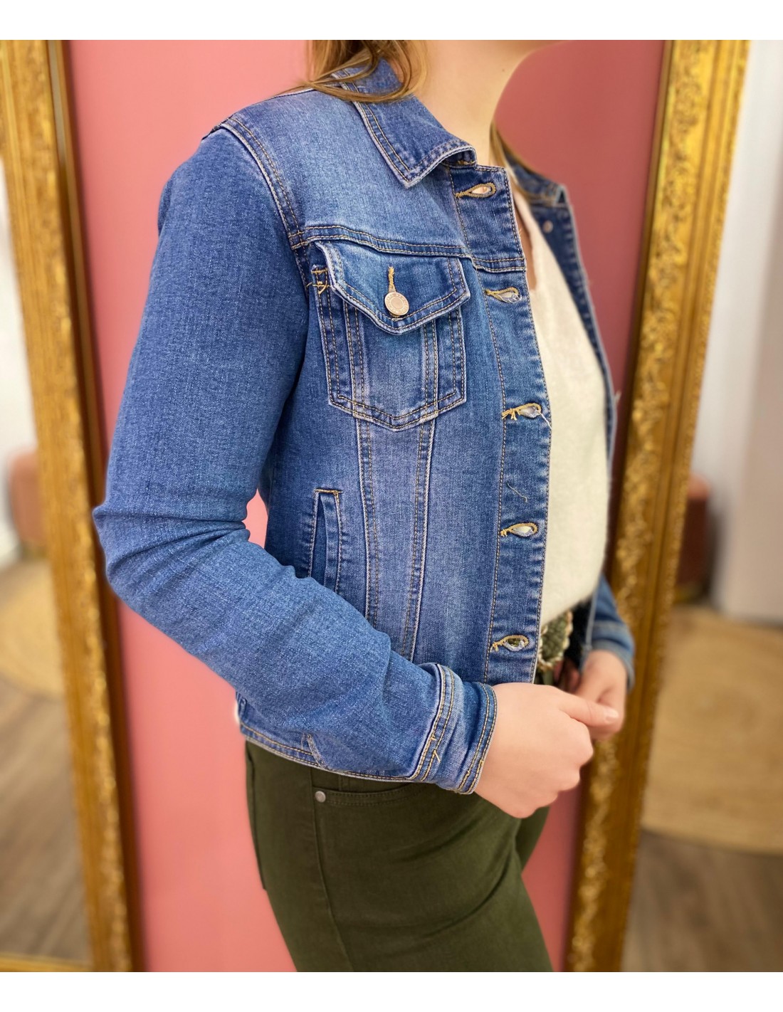 Veste en jean femme bleu clair effet délavé coupe cintrée stretch à poches du 34 AU 50