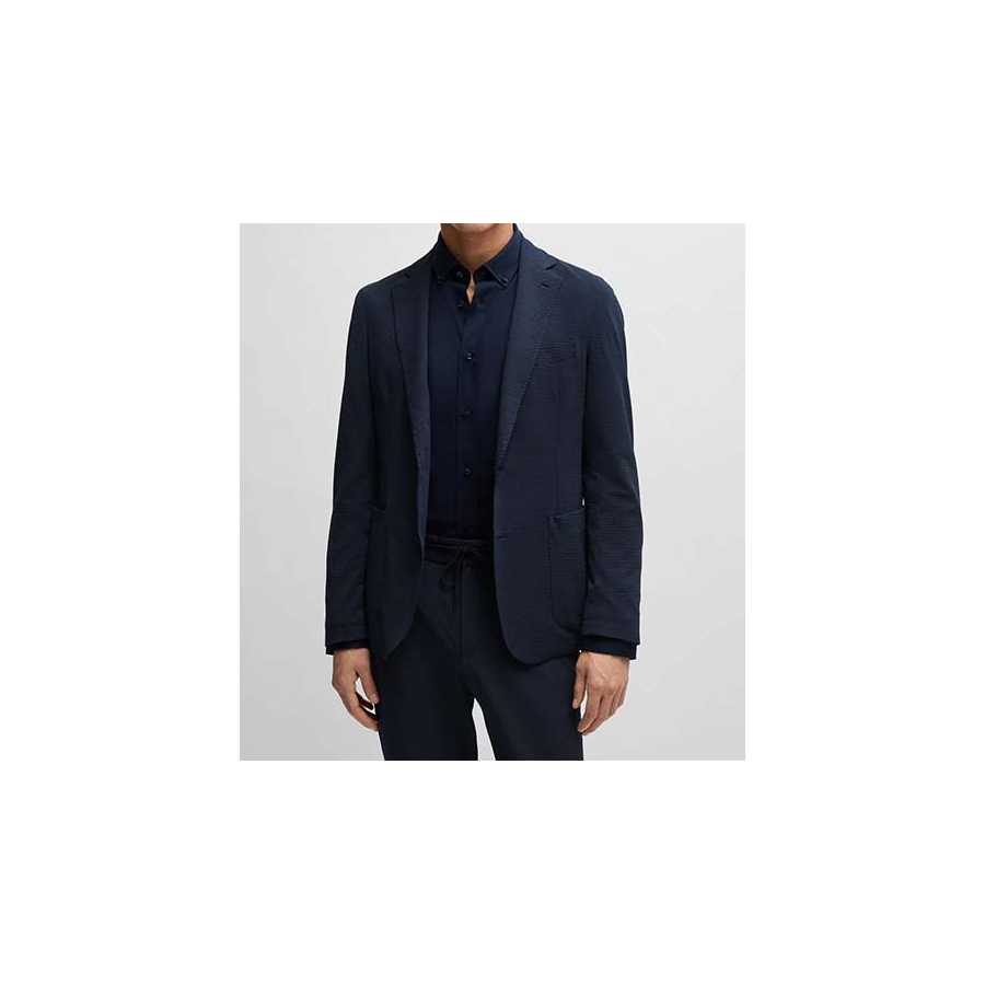 Veste Slim Fit en Seersucker Stretch Bleu Foncé Boss Homme | Toulouse