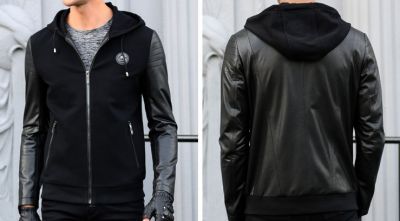 Veste à capuche bimatière avec manches cuir et corps coton