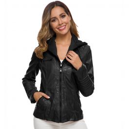 Veste à capuche en faux cuir pour femme coupe slim