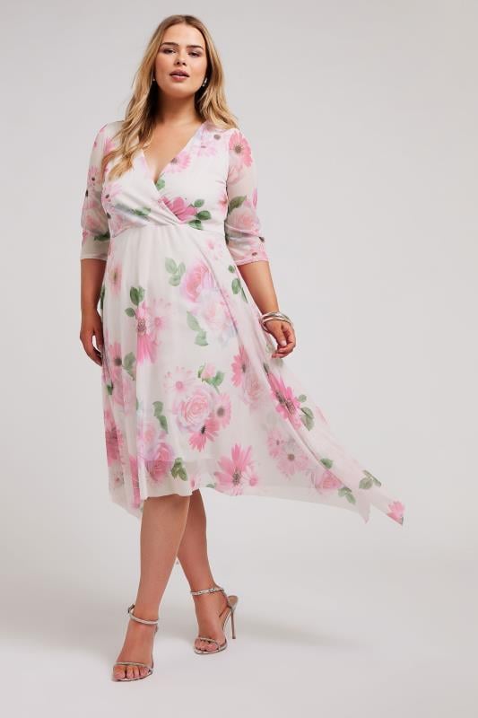 YOURS LONDON - Robe Blanche Cache-Coeur Floral Rose