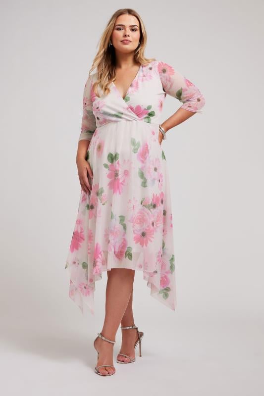 YOURS LONDON - Robe Blanche Cache-Coeur Floral Rose