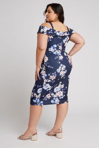 YOURS LONDON - Robe Bleue Marine Floral Bardot