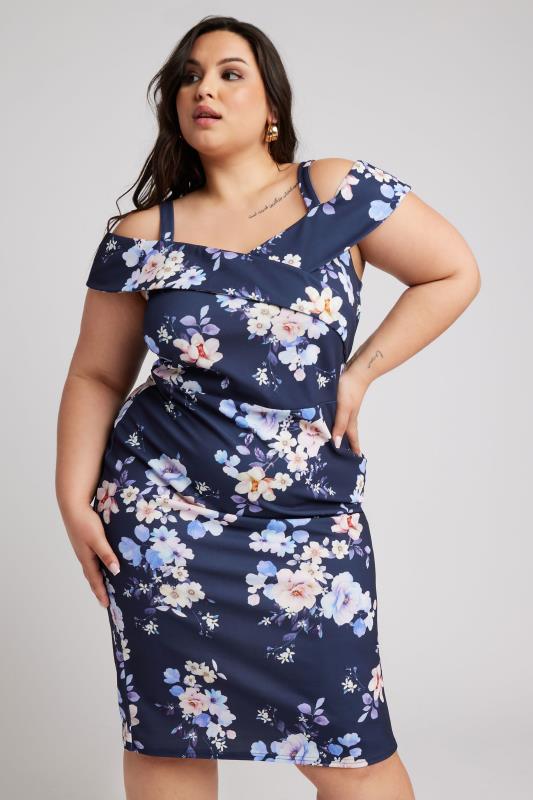 YOURS LONDON - Robe Bleue Marine Floral Bardot