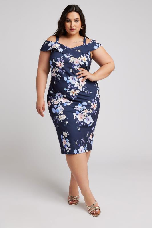 YOURS LONDON - Robe Bleue Marine Floral Bardot