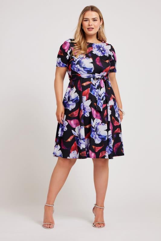 YOURS LONDON - Robe Noire & Bleue Floral Patineuse