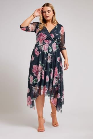 YOURS LONDON - Robe Noire Cache-Coeur Floral Rose