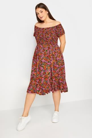 YOURS - Robe Midi Bardot Orange & Rose Floral