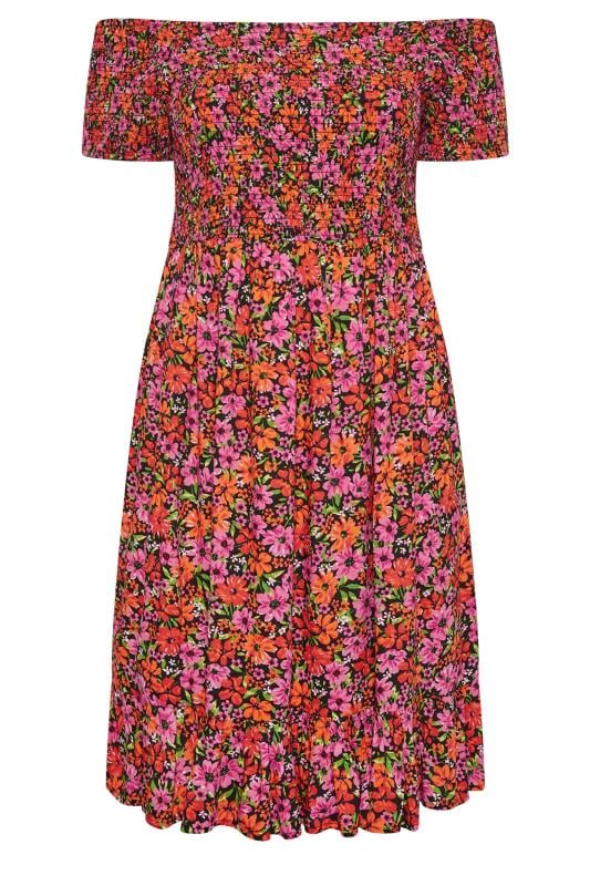 YOURS - Robe Midi Bardot Orange & Rose Floral