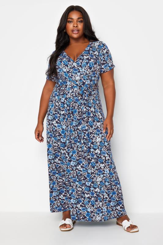 YOURS - Robe Noire Floral Bleu Cache-Coeur